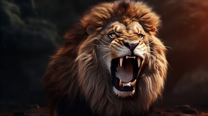 Portrait of a Roaring Lion with an Aggressive Stare

