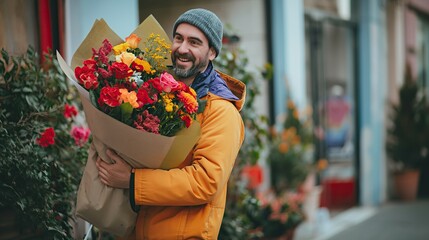 Joyful flower delivery man with bouquet of flowers