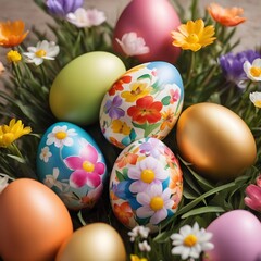 Fototapeta na wymiar Colorful Easter eggs decoration with spring flowers