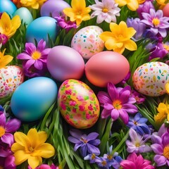 Obraz na płótnie Canvas Colorful Easter eggs decoration with spring flowers