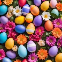 Fototapeta na wymiar Colorful Easter eggs decoration with spring flowers