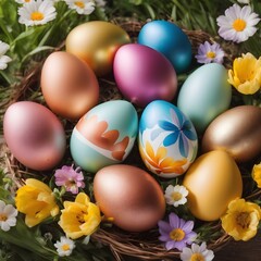Obraz na płótnie Canvas Colorful Easter eggs decoration with spring flowers