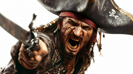A stunning 3D rendering of a fearsome pirate in a dynamic pose, exuding strength and determination....