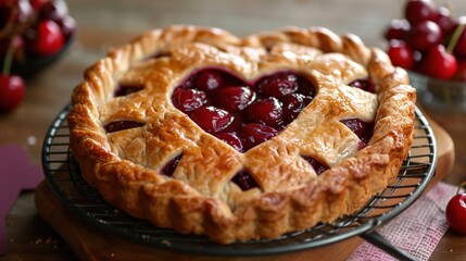 Dessert for Valentine's Day. Handmade cherry pie in the shape of a heart, for Mother's Day, birthday, baking for Women's Day. Festive heart cake. Symbol of love
