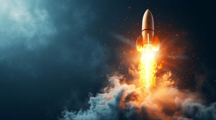 Rocket takes off business and finances success concept with copy space - obrazy, fototapety, plakaty