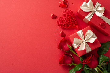 Premium female gift idea: Overhead shot of opulent roses, trendy packages, heart shapes, and...