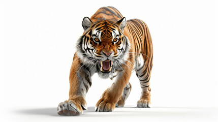 A stunning 3D rendering of a fierce tiger in all its glory. This super realistic artwork captures every intricate detail of its powerful physique, fiery eyes, and majestic presence. Perfectl