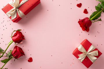 Ideal gift setup for her: top view elegant roses, chic presents, love hearts, and glitter on a soft...