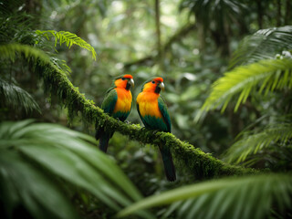 Parrots sitting on a branch in the jungle
