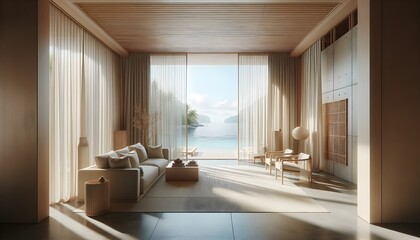Tropical Elegance: Empty Room in Summer Beach House with Sea View Peeking Through Curtains