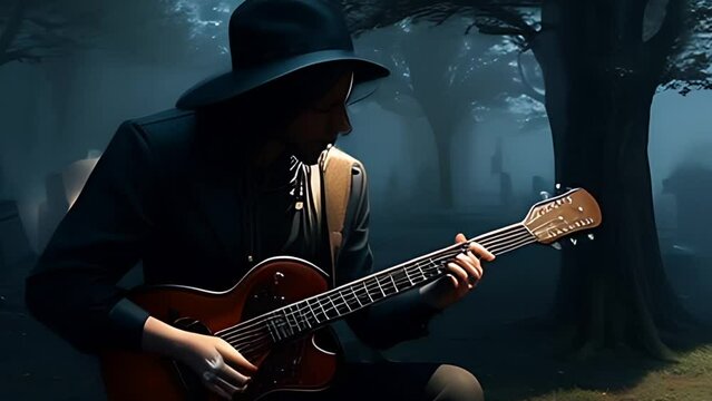 Skeleton Playing Guitar in Dark Forest. Generative AI.