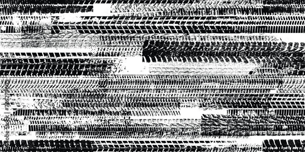 Poster Tire track seamless pattern. Grange tread marks .Grunge textured vector car tread . Car trails endless pattern texture. Tyre track seamless texture. Wheel tire tread track background