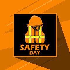 National Safety Day event banner. A building helmet and safety vest with bold text on board on orange background to commemorate on March 4