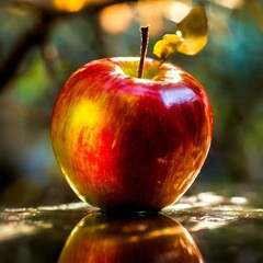 Glossy Apple with Water Droplets on Dark Background.Keywords: