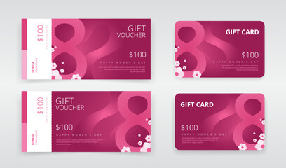Gift voucher or gift card templates featuring number eight artwork to represent 8th of march. Can be used as regular or e-gift cards. Ideal for international women’s day sales promotions