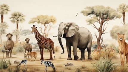 Safari Animals Watercolor Illustration - Seamless Pattern

