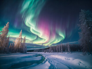 Dancing Lights in the Winter Sky: Aurora Borealis Illuminating the Snow Covered Landscape of the Northern Night 