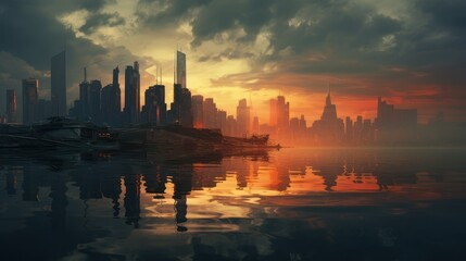 Fototapeta premium Illustration of a future modern city view, with skyscrapers, morning sunlight, wallpaper background.