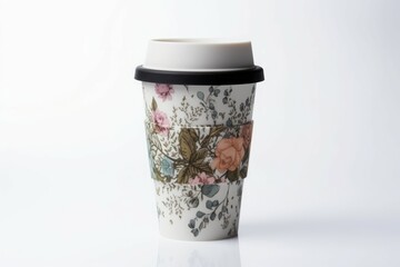 Reusable coffee cup with floral patterns. Ecological friendly hot beverage mug. Generate ai