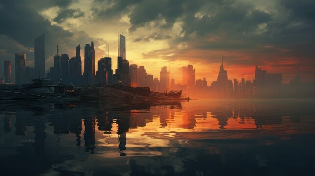 Illustration of a future modern city view, with skyscrapers, morning sunlight, wallpaper background.