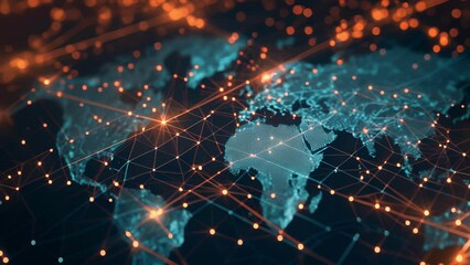 A holographic projection of a global map showcasing the interconnectedness of global markets and the impact of different economic events.