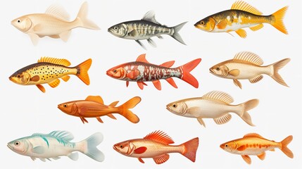 Set of Cute Fishes - Sticker Fish Clipart on Isolated Background

