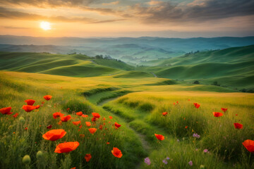 Sunset Glow over a Meadow of Poppies and Green Hills - Beautiful Spring Landscape in Italian Tuscan Style