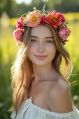 Beautiful Young Woman Wearing Flower Crown