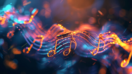 Embark on a visual journey as flowing notes leap in the air, forming abstract musical symbols—captured through holography and light track photography. AI generative marvel