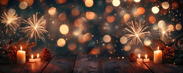 HAPPY NEW YEAR - Sylvester, New Year's Eve 2023 Party, New year, Firework celebration background banner panorama - Orange fireworks and bokeh lights on dark rustic wooden wall texture, Generative AI - obrazy, fototapety, plakaty