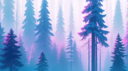 Gordijnen Illustration of Foggy Forest, Pine Trees Forest Illustration, DIgital Illustration Cinematic Landscape Illustration © Black Pixels