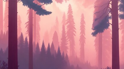 Illustration of Foggy Forest, Pine Trees Forest Illustration, DIgital Illustration Cinematic Landscape Illustration