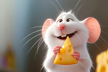 Animated dreaming white mouse with cheese - obrazy, fototapety, plakaty