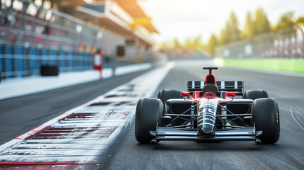Naklejka premium Feel the speed—an asphalt stretch of the international F1 race track with a roaring F1 race car at the start. AI generative excellence capturing the thrill of high-speed racing