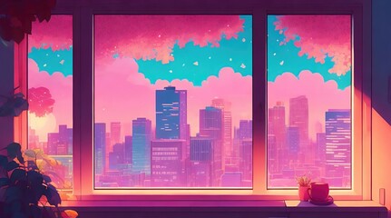 Lofi style window scene, aesthetic cityscape from indoor window, cinematic  indoor background Illustration
