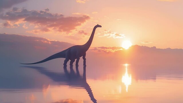A lone brachiosaurus stretches its long neck to reach the waters edge its form creating a beautiful reflection as the sun sets.