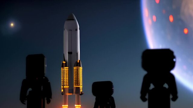 Lego Group Standing in Front of Rocket. Generative AI.