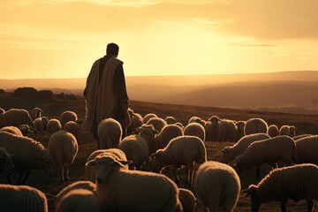 Shepherd with sheep flock panoramic sundown view. Pastoral scene of herder with ewe animals herd. Generate ai