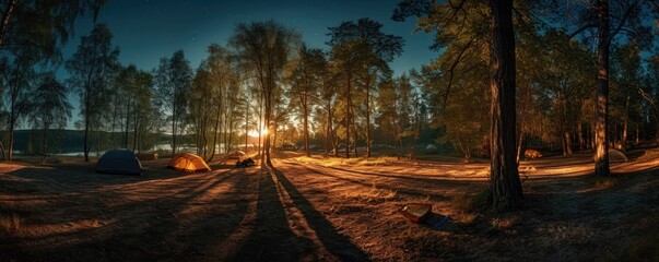 Night landscape of camping ground, travel outdoor activity, banner with copy space, Generative Ai - obrazy, fototapety, plakaty