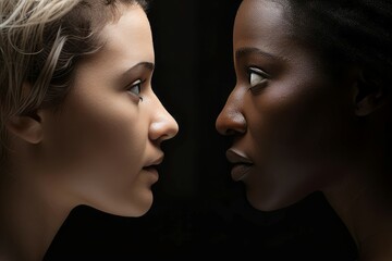 Side view of black and white woman gazing to each other. Female profile portrait eye contact moment. Generate ai - obrazy, fototapety, plakaty