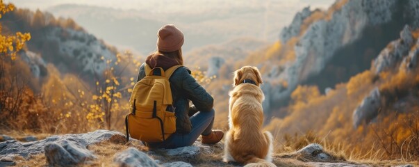 Woman with backpack sitting with Golden Retreiver dog on a cliff, Generative AI
