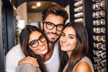 Satisfied man specialist embracing glad in glasses in optical store