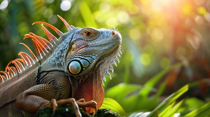 Iguana basking in the sun in the forest. Reptile in a relaxed and natural pose