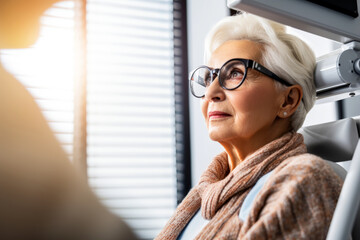 Elderly woman with glasses performs an eye checkup at a specialized optician