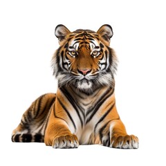 Malayan Tiger lying in natural pose isolated on white background, photo realistic