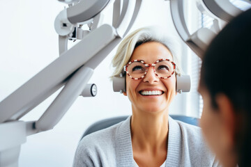 Elderly woman with glasses performs an eye checkup at a specialized optician