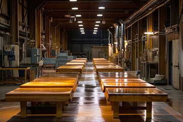 The industrial process of creating furniture in a manufacturing facility.