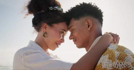 Couple, forehead and embrace or love outdoor on holiday for bonding relationship, connection or happy. Man, woman and sky on vacation in Mexico or honeymoon peace for travel, adventure or environment