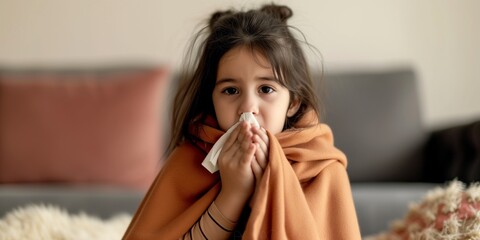 little girl suffering from cold flu - obrazy, fototapety, plakaty