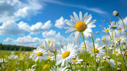 White Daisies in a Field Under Blue Sky